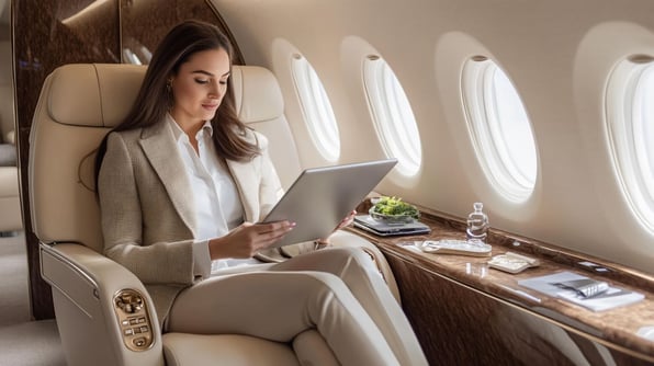 Wealthy global executive using a tablet aboard a private jet, representing high-net-worth residency planning, second citizenship, offshore asset protection, and international wealth strategy.
