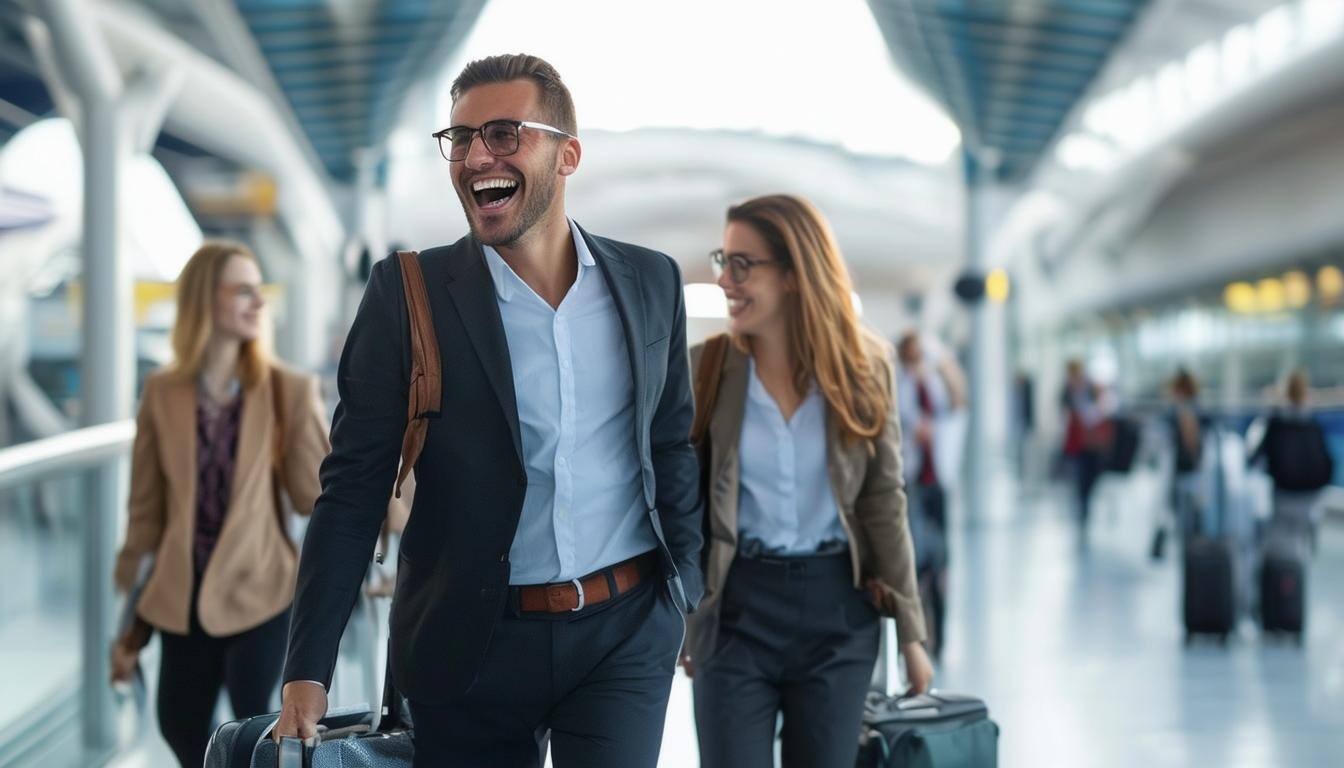 describe happy, confident business people travelling