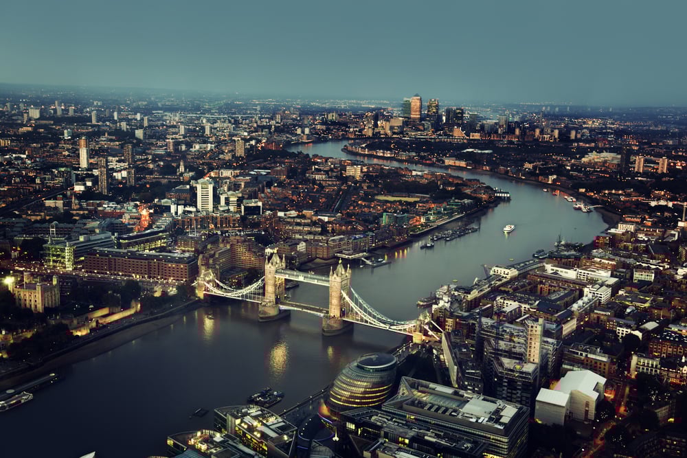 London aerial view with Tower Bridge, UK